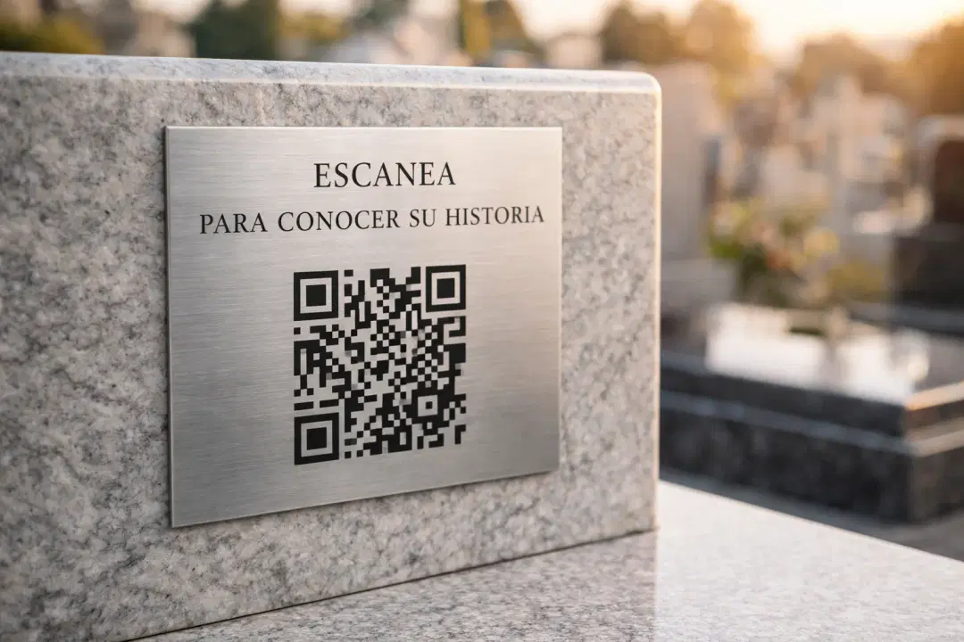 Placa conmemorativa con código QR en una lápida